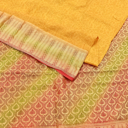 Indian Vintage Sari Yellow 100% Pure Silk Printed Sarees 5yd Sewing Craft Fabric Dress Making Soft Woven Border Upcycle Quilting