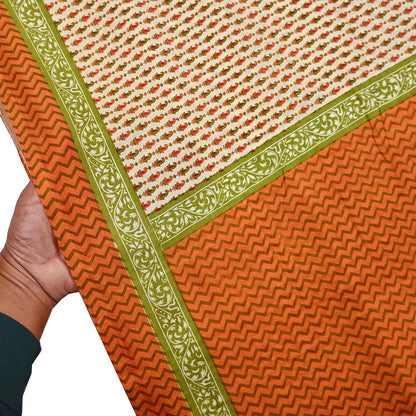 Indian Vintage Sari ivory & Orange 100% Pure Silk Printed Sarees 6yd Craft Fabric Sewing Soft Dress Making zigzag Quilting Crafting Upcycle