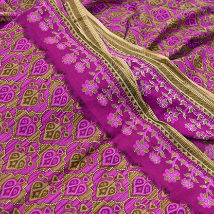 Indian Vintage Sari Green & Purple Pure Cotton Printed Sarees Craft Fabric Soft 5Yd Sarong Wrap Boho Fabric Kimono Quilting Crafting Upcycle