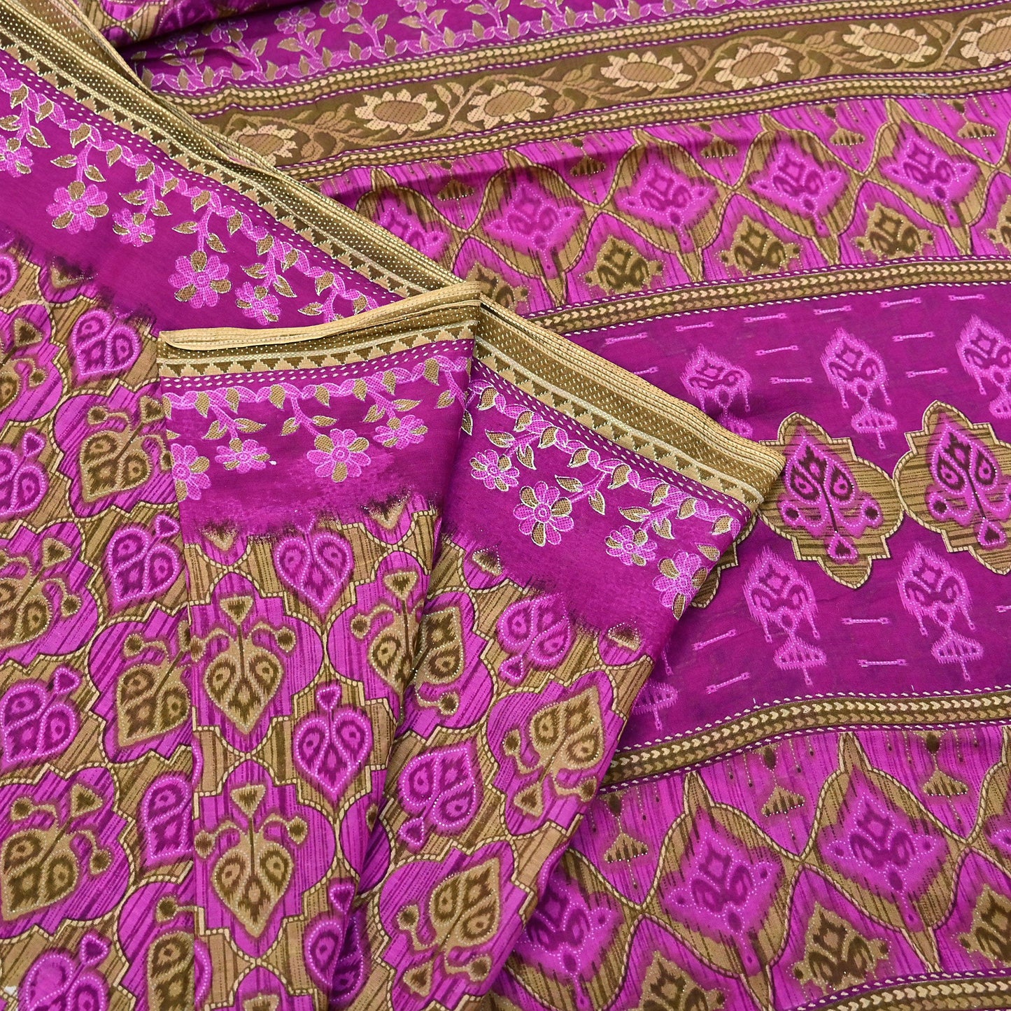 Indian Vintage Sari Green & Purple Pure Cotton Printed Sarees Craft Fabric Soft 5Yd Sarong Wrap Boho Fabric Kimono Quilting Crafting Upcycle