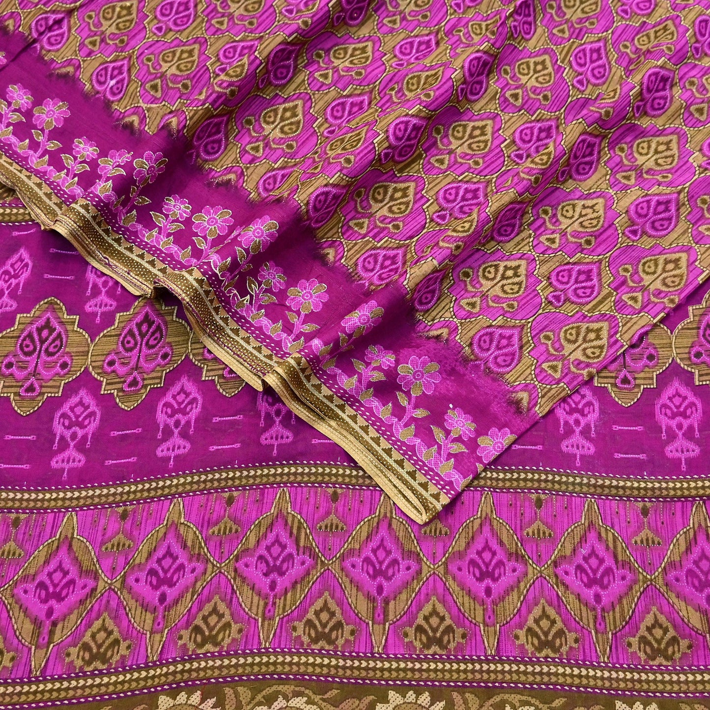 Indian Vintage Sari Green & Purple Pure Cotton Printed Sarees Craft Fabric Soft 5Yd Sarong Wrap Boho Fabric Kimono Quilting Crafting Upcycle
