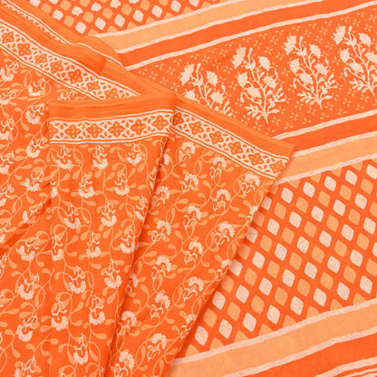 Indian Vintage Orange Sarees Pure Cotton Block Printed Sari 5yd Sewing Craft Fabric DressMaking Soft Crafting Quilting Upcycle