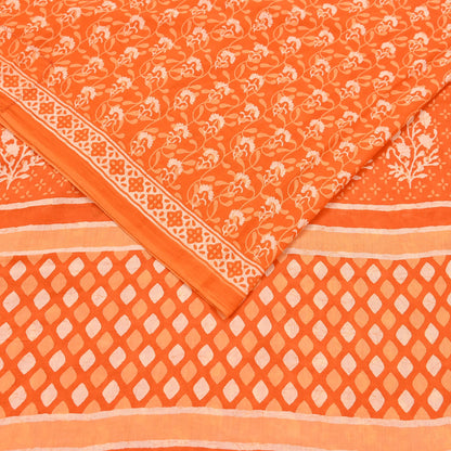 Indian Vintage Orange Sarees Pure Cotton Block Printed Sari 5yd Sewing Craft Fabric DressMaking Soft Crafting Quilting Upcycle