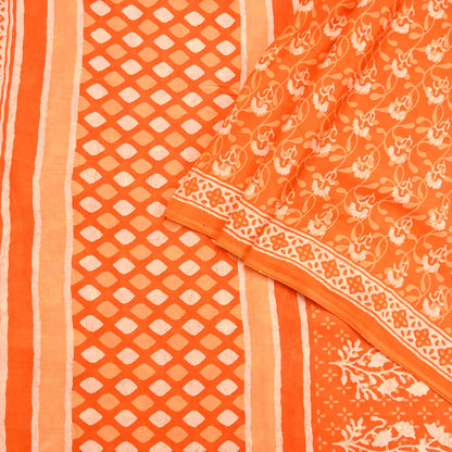 Indian Vintage Orange Sarees Pure Cotton Block Printed Sari 5yd Sewing Craft Fabric DressMaking Soft Crafting Quilting Upcycle