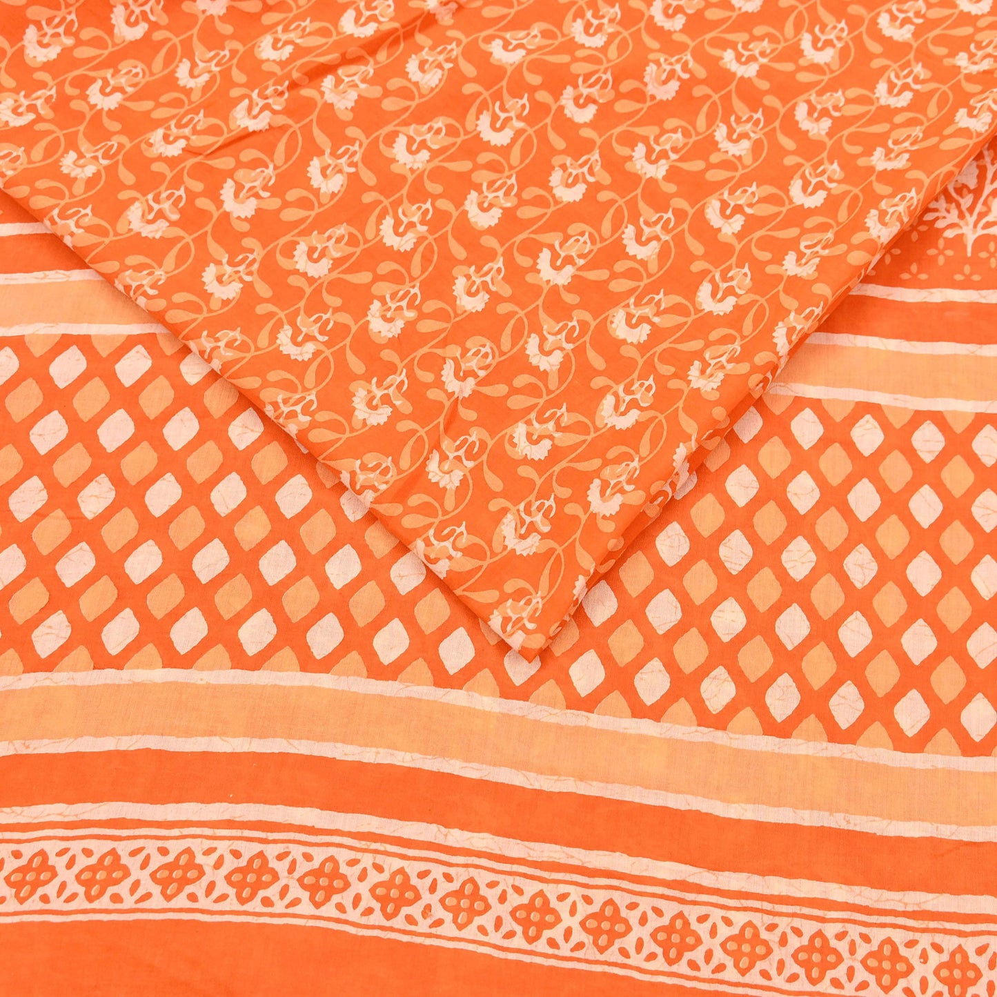 Indian Vintage Orange Sarees Pure Cotton Block Printed Sari 5yd Sewing Craft Fabric DressMaking Soft Crafting Quilting Upcycle