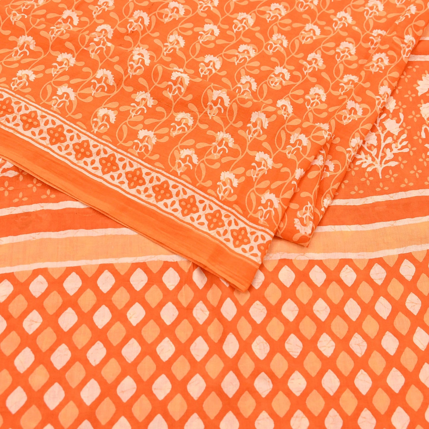 Indian Vintage Orange Sarees Pure Cotton Block Printed Sari 5yd Sewing Craft Fabric DressMaking Soft Crafting Quilting Upcycle