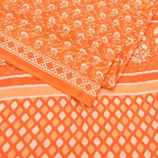 Indian Vintage Orange Sarees Pure Cotton Block Printed Sari 5yd Sewing Craft Fabric DressMaking Soft Crafting Quilting Upcycle