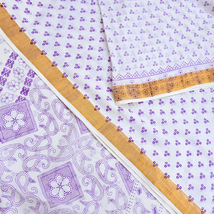 Indian Vintage Sari White bangali printed Pure Cotton Saree Craft Fabric 5Yd Sewing Sarong Wrap Boho Floral Crafting Upcycle Quilting Zari