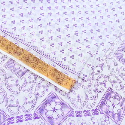 Indian Vintage Sari White bangali printed Pure Cotton Saree Craft Fabric 5Yd Sewing Sarong Wrap Boho Floral Crafting Upcycle Quilting Zari