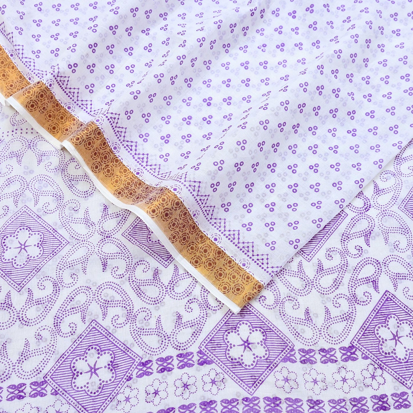 Indian Vintage Sari White bangali printed Pure Cotton Saree Craft Fabric 5Yd Sewing Sarong Wrap Boho Floral Crafting Upcycle Quilting Zari