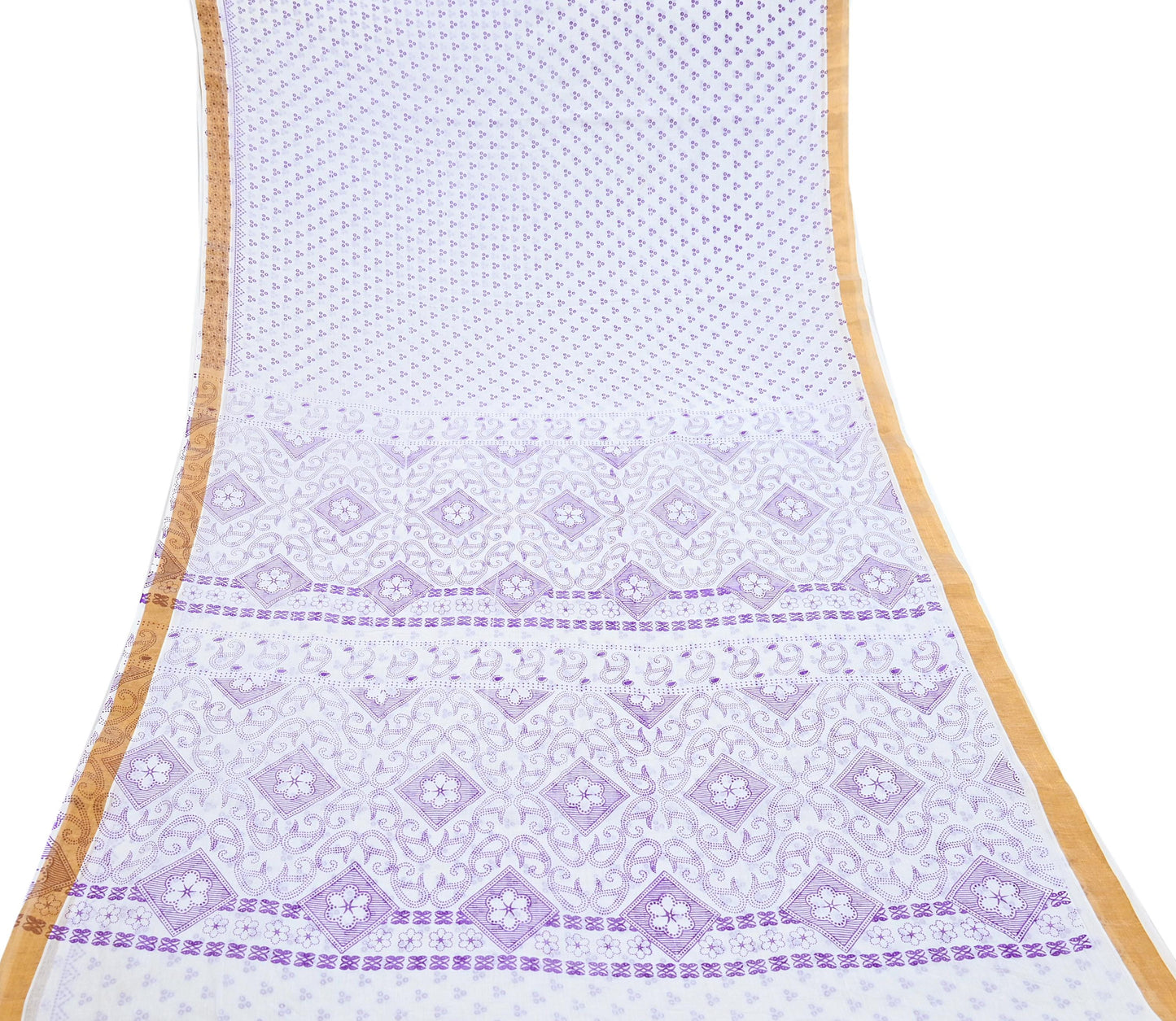 Indian Vintage Sari White bangali printed Pure Cotton Saree Craft Fabric 5Yd Sewing Sarong Wrap Boho Floral Crafting Upcycle Quilting Zari