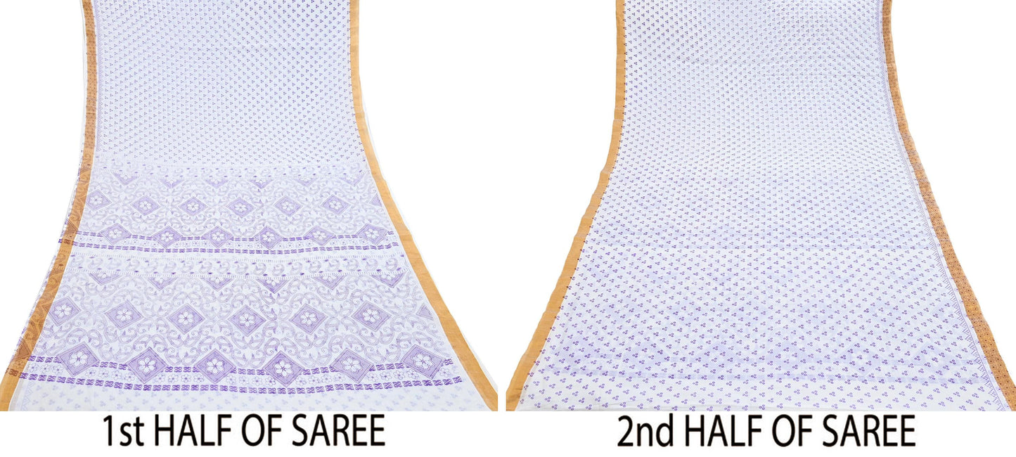 Indian Vintage Sari White bangali printed Pure Cotton Saree Craft Fabric 5Yd Sewing Sarong Wrap Boho Floral Crafting Upcycle Quilting Zari