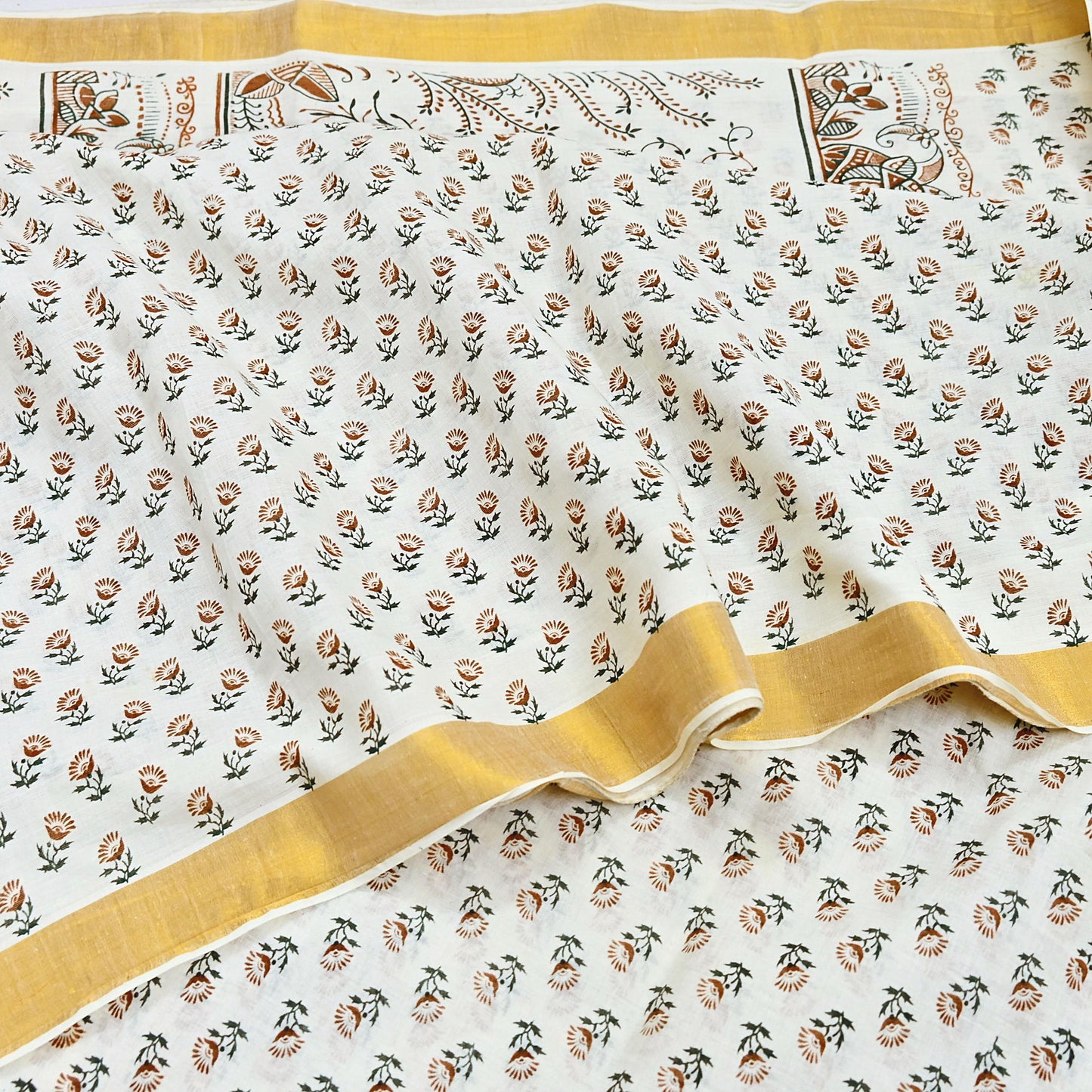 Indian Vintage Sari White bangali printed Pure Cotton Saree Craft Fabric 5Yd Sewing Sarong Wrap Boho Floral Crafting Upcycle Quilting Zari