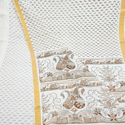 Indian Vintage Sari White bangali printed Pure Cotton Saree Craft Fabric 5Yd Sewing Sarong Wrap Boho Floral Crafting Upcycle Quilting Zari