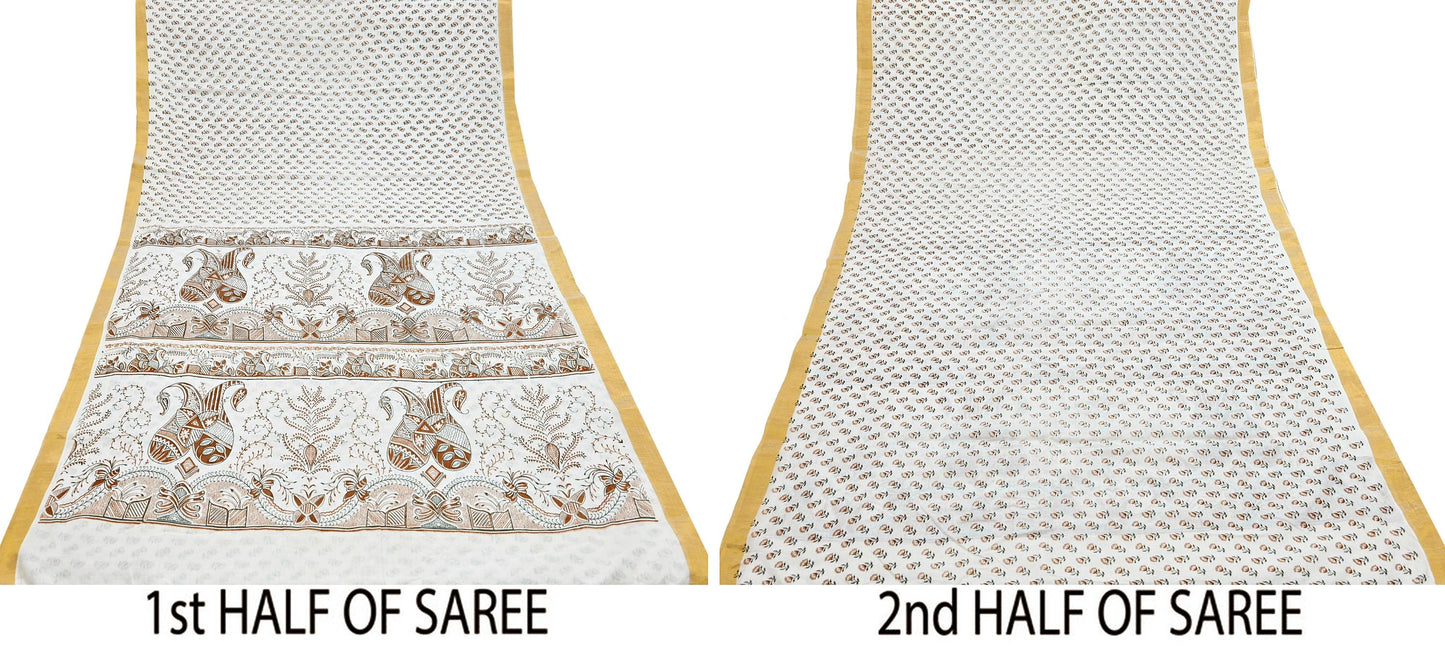 Indian Vintage Sari White bangali printed Pure Cotton Saree Craft Fabric 5Yd Sewing Sarong Wrap Boho Floral Crafting Upcycle Quilting Zari