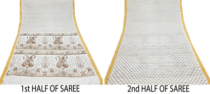 Indian Vintage Sari White bangali printed Pure Cotton Saree Craft Fabric 5Yd Sewing Sarong Wrap Boho Floral Crafting Upcycle Quilting Zari