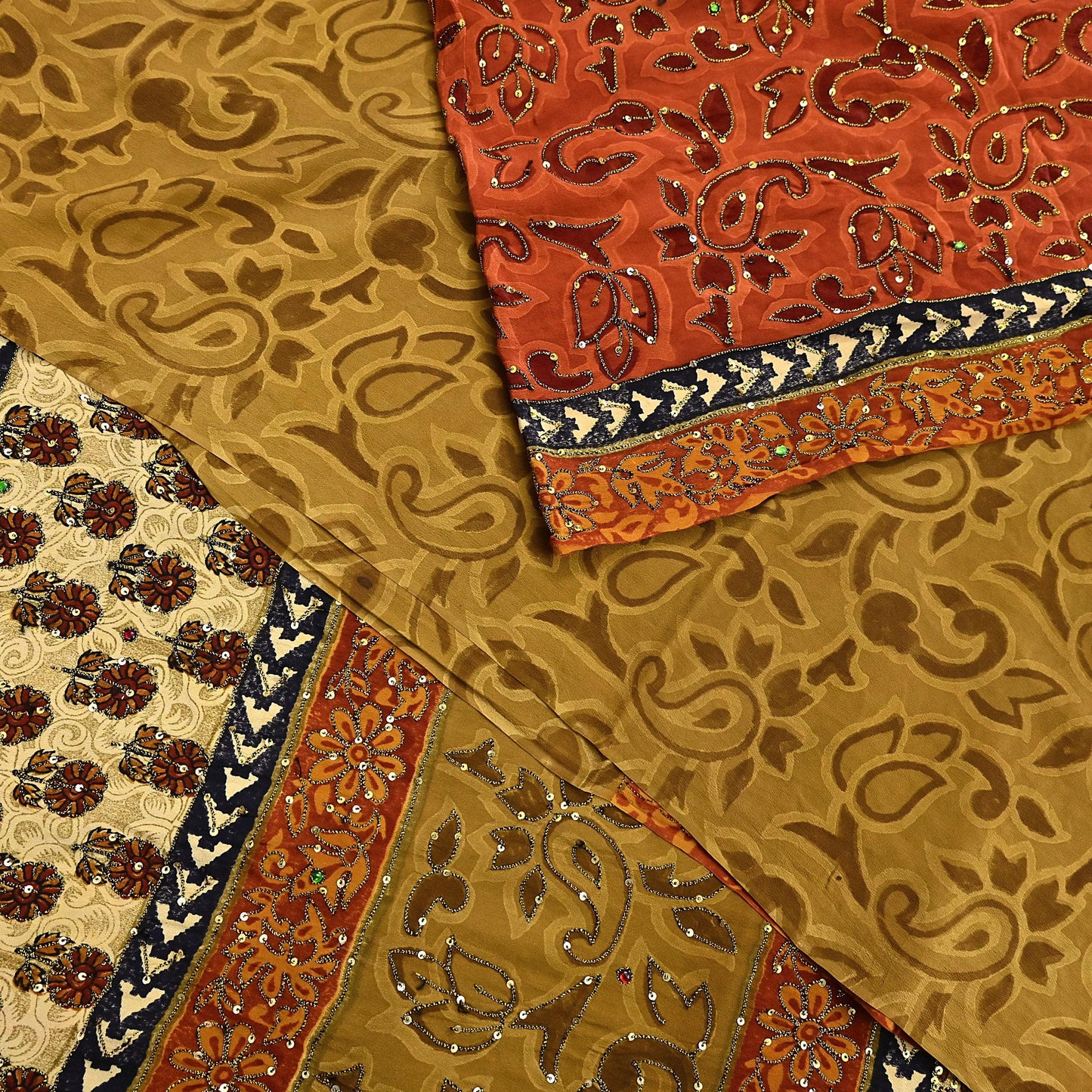 Indian Vintage Sari Beige & orange Pure Crepe Silk Hand Embroidered Saree 5yd Sewing Floral Craft Sequins Dress making Crafting Quilting