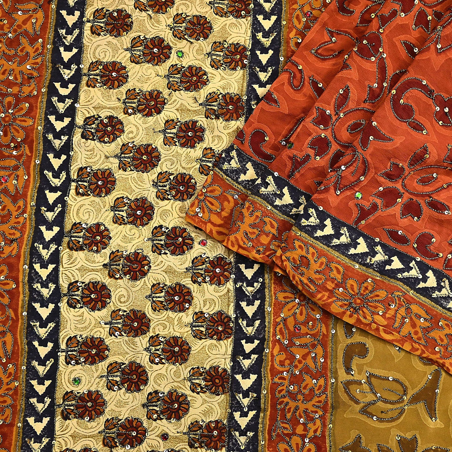 Indian Vintage Sari Beige & orange Pure Crepe Silk Hand Embroidered Saree 5yd Sewing Floral Craft Sequins Dress making Crafting Quilting