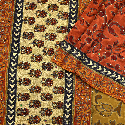 Indian Vintage Sari Beige & orange Pure Crepe Silk Hand Embroidered Saree 5yd Sewing Floral Craft Sequins Dress making Crafting Quilting