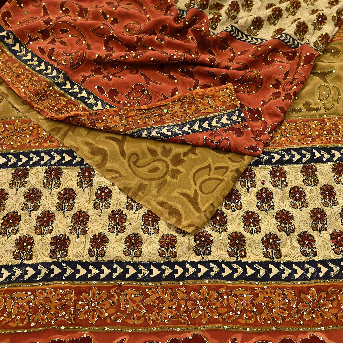 Indian Vintage Sari Beige & orange Pure Crepe Silk Hand Embroidered Saree 5yd Sewing Floral Craft Sequins Dress making Crafting Quilting