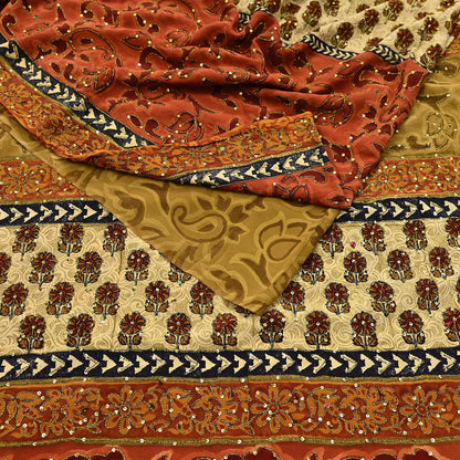 Indian Vintage Sari Beige & orange Pure Crepe Silk Hand Embroidered Saree 5yd Sewing Floral Craft Sequins Dress making Crafting Quilting
