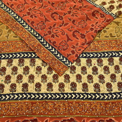Indian Vintage Sari Beige & orange Pure Crepe Silk Hand Embroidered Saree 5yd Sewing Floral Craft Sequins Dress making Crafting Quilting