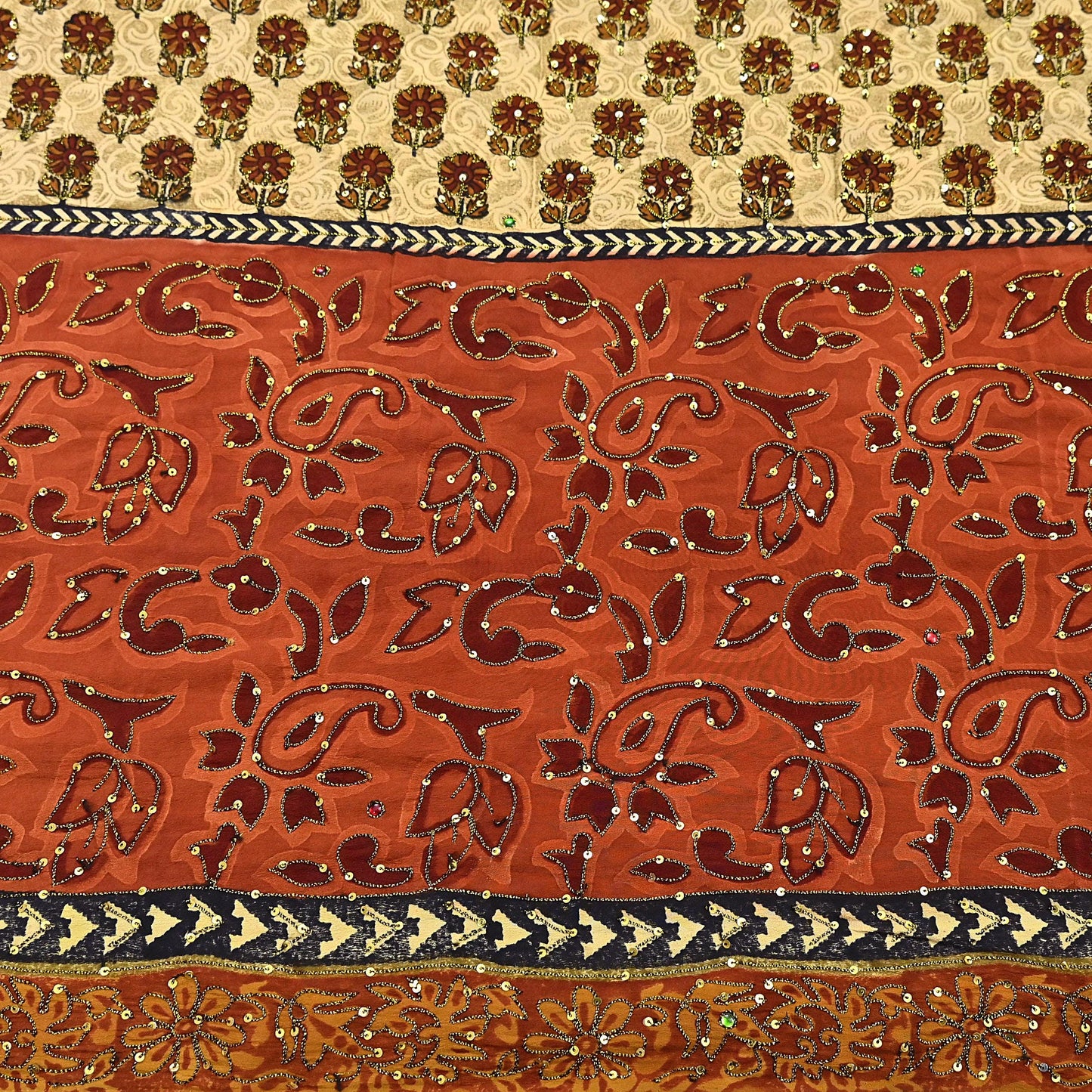 Indian Vintage Sari Beige & orange Pure Crepe Silk Hand Embroidered Saree 5yd Sewing Floral Craft Sequins Dress making Crafting Quilting