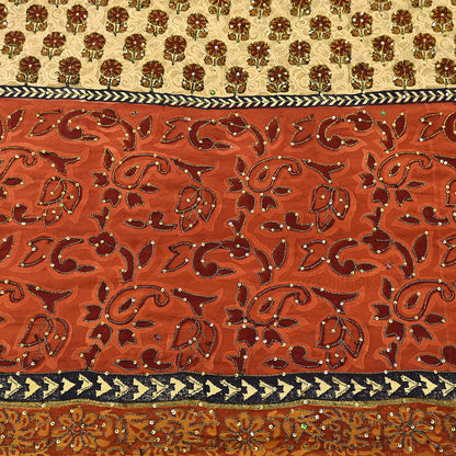 Indian Vintage Sari Beige & orange Pure Crepe Silk Hand Embroidered Saree 5yd Sewing Floral Craft Sequins Dress making Crafting Quilting