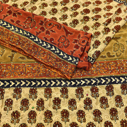 Indian Vintage Sari Beige & orange Pure Crepe Silk Hand Embroidered Saree 5yd Sewing Floral Craft Sequins Dress making Crafting Quilting