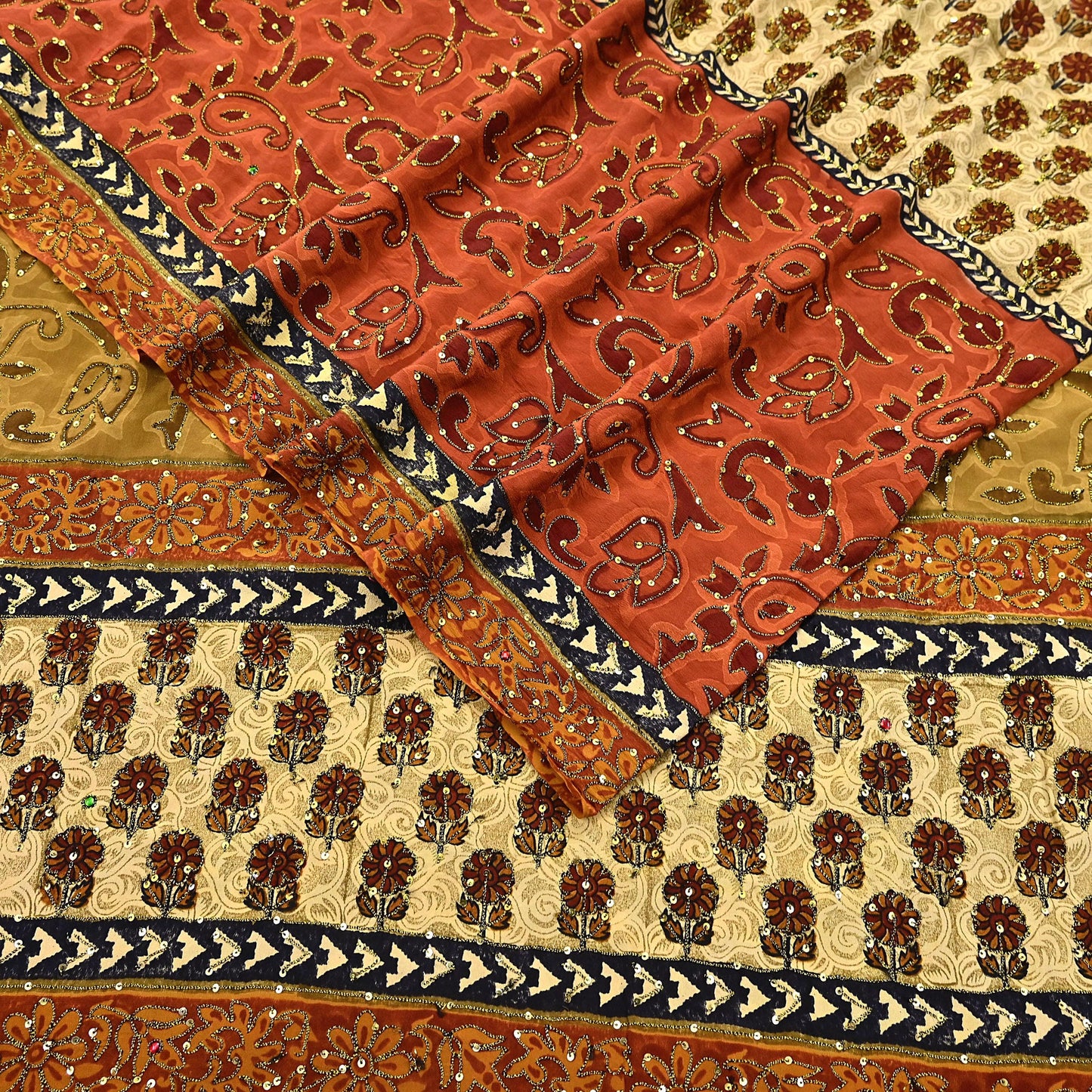 Indian Vintage Sari Beige & orange Pure Crepe Silk Hand Embroidered Saree 5yd Sewing Floral Craft Sequins Dress making Crafting Quilting