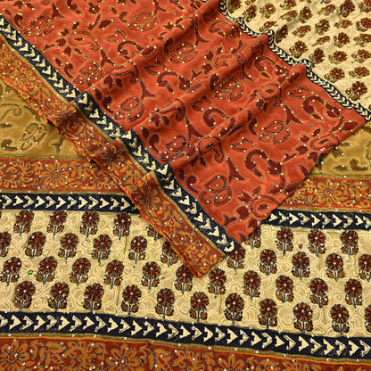 Indian Vintage Sari Beige & orange Pure Crepe Silk Hand Embroidered Saree 5yd Sewing Floral Craft Sequins Dress making Crafting Quilting
