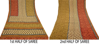 Indian Vintage Sari Beige & orange Pure Crepe Silk Hand Embroidered Saree 5yd Sewing Floral Craft Sequins Dress making Crafting Quilting