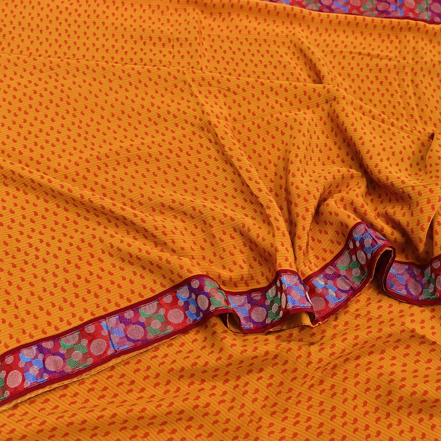 Indian Vintage Sari Saffron Pure Crepe Silk Hand Embroidered Saree 6yd Sewing Floral Craft Sequins Dress making Crafting Quilting