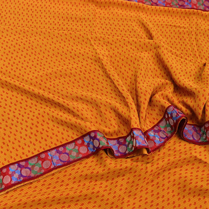 Indian Vintage Sari Saffron Pure Crepe Silk Hand Embroidered Saree 6yd Sewing Floral Craft Sequins Dress making Crafting Quilting