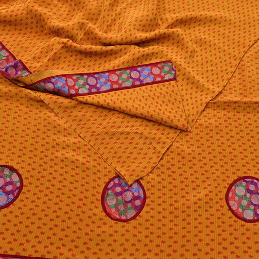 Indian Vintage Sari Saffron Pure Crepe Silk Hand Embroidered Saree 6yd Sewing Floral Craft Sequins Dress making Crafting Quilting