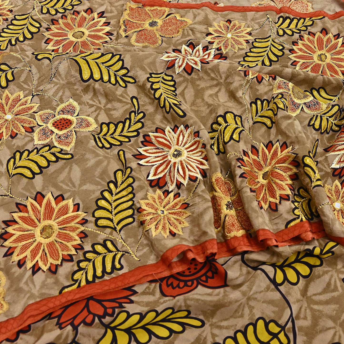 Indian Vintage Sari Brown Pure Crepe Silk Hand Embroidered Saree 5yd Sewing Floral Craft Sequins Dress making Crafting Quilting