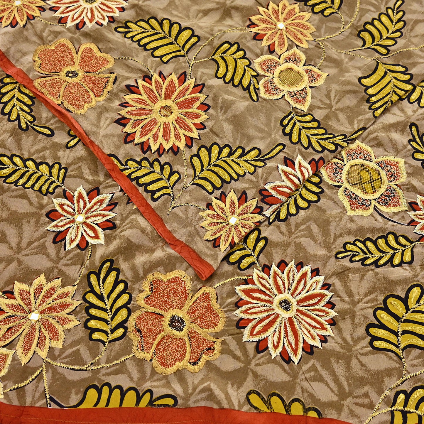 Indian Vintage Sari Brown Pure Crepe Silk Hand Embroidered Saree 5yd Sewing Floral Craft Sequins Dress making Crafting Quilting