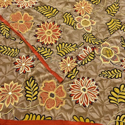 Indian Vintage Sari Brown Pure Crepe Silk Hand Embroidered Saree 5yd Sewing Floral Craft Sequins Dress making Crafting Quilting