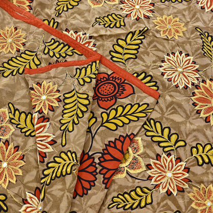 Indian Vintage Sari Brown Pure Crepe Silk Hand Embroidered Saree 5yd Sewing Floral Craft Sequins Dress making Crafting Quilting