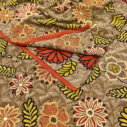 Indian Vintage Sari Brown Pure Crepe Silk Hand Embroidered Saree 5yd Sewing Floral Craft Sequins Dress making Crafting Quilting