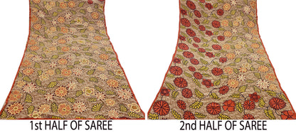 Indian Vintage Sari Brown Pure Crepe Silk Hand Embroidered Saree 5yd Sewing Floral Craft Sequins Dress making Crafting Quilting