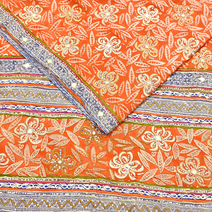 Indian Vintage Sari Orange Pure Crepe Silk Hand Embroidered Saree 5yd Sewing Floral Craft Sequins Dress making Crafting Quilting