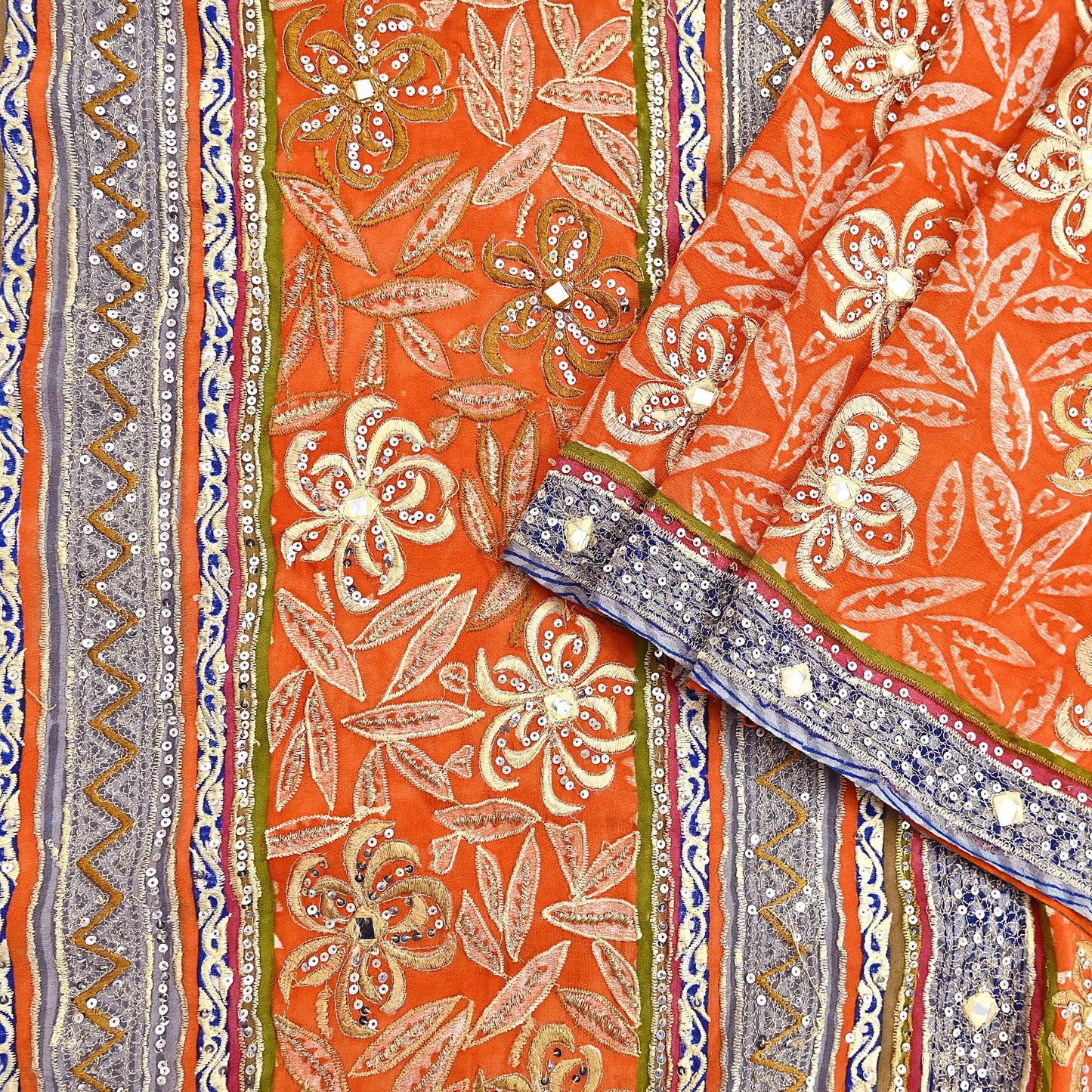 Indian Vintage Sari Orange Pure Crepe Silk Hand Embroidered Saree 5yd Sewing Floral Craft Sequins Dress making Crafting Quilting