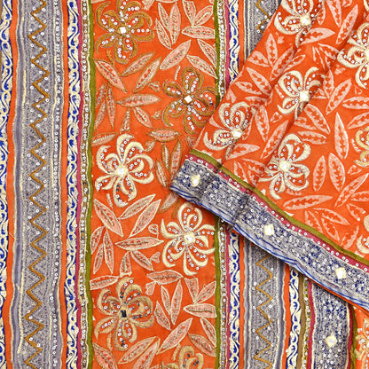 Indian Vintage Sari Orange Pure Crepe Silk Hand Embroidered Saree 5yd Sewing Floral Craft Sequins Dress making Crafting Quilting