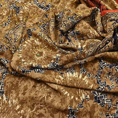 Indian Vintage Sari black & rusty Pure Crepe Silk Hand Embroidered Saree 6yd Sewing Floral Craft Sequins Dress making Crafting Quilting