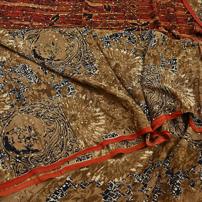 Indian Vintage Sari black & rusty Pure Crepe Silk Hand Embroidered Saree 6yd Sewing Floral Craft Sequins Dress making Crafting Quilting