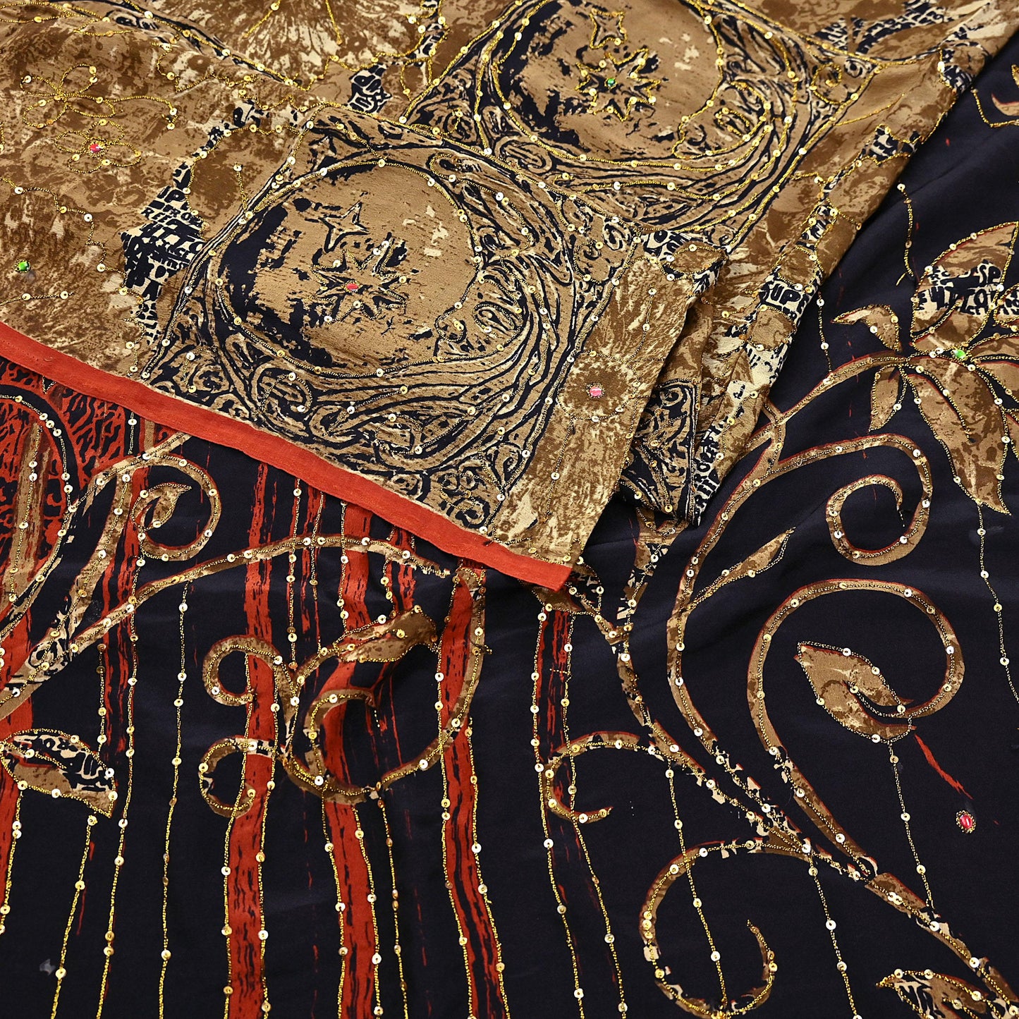 Indian Vintage Sari black & rusty Pure Crepe Silk Hand Embroidered Saree 6yd Sewing Floral Craft Sequins Dress making Crafting Quilting