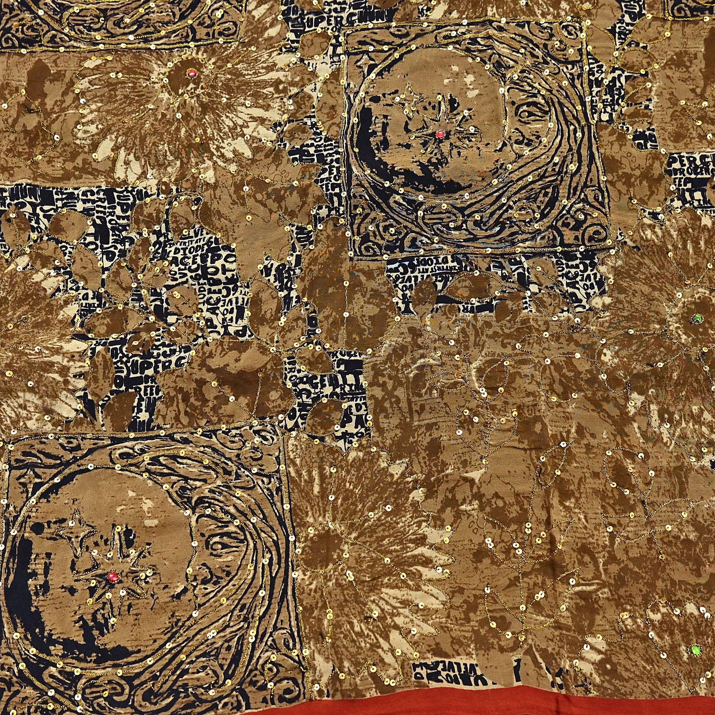 Indian Vintage Sari black & rusty Pure Crepe Silk Hand Embroidered Saree 6yd Sewing Floral Craft Sequins Dress making Crafting Quilting