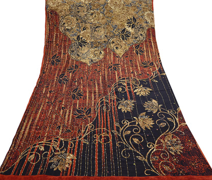 Indian Vintage Sari black & rusty Pure Crepe Silk Hand Embroidered Saree 6yd Sewing Floral Craft Sequins Dress making Crafting Quilting