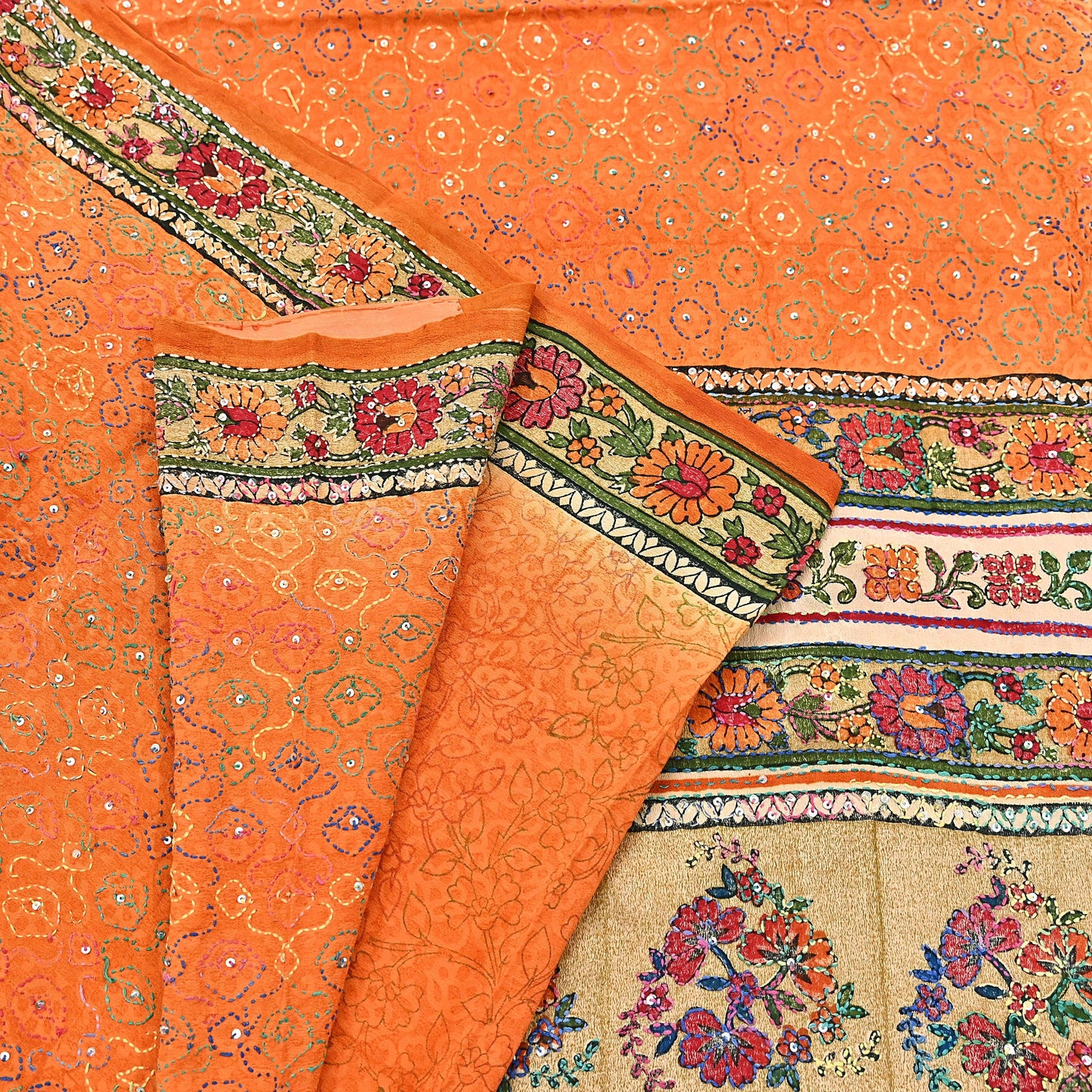 Indian Vintage Sari orange Pure Crepe Silk Hand Embroidered Kantha Saree 5yd Craft Fabric Sewing Floral Soft Dress making Crafting